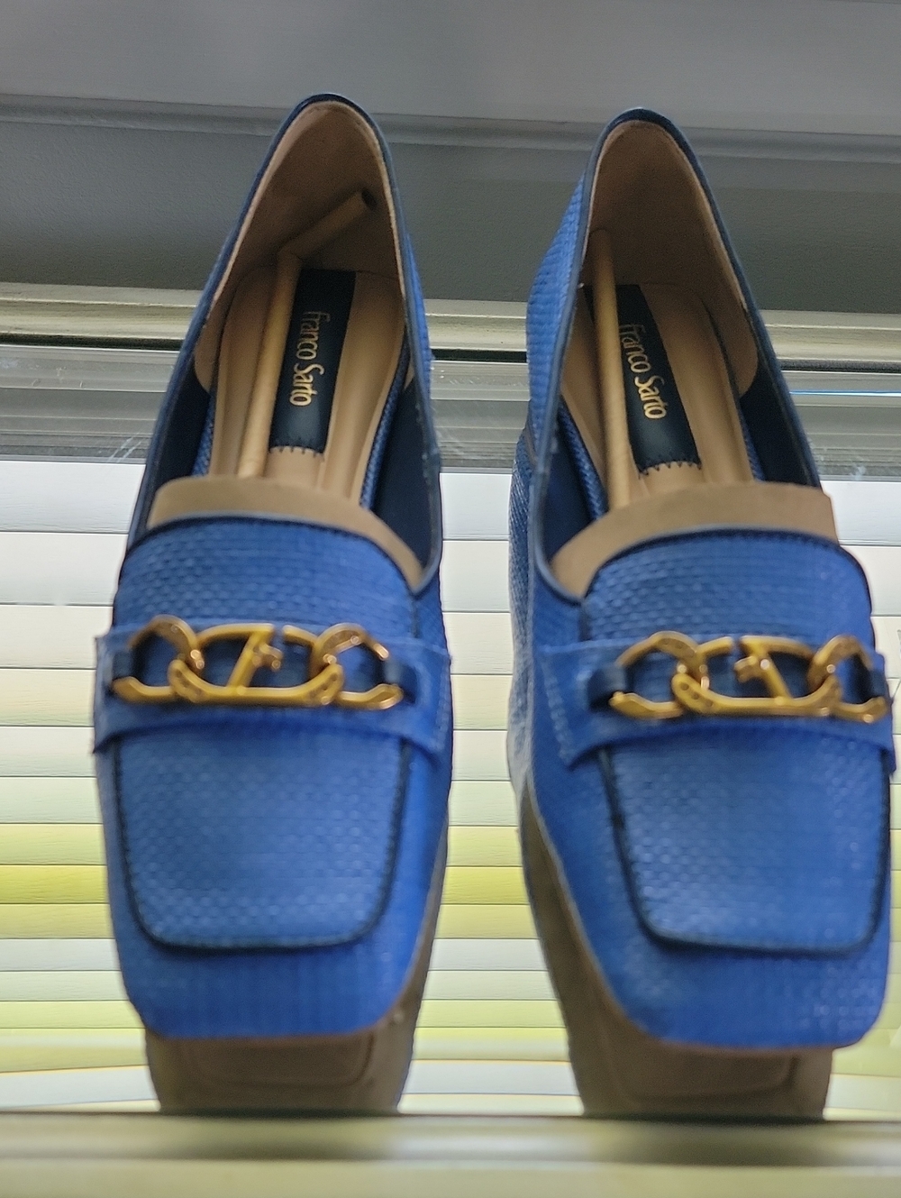 Franco Sarto Royal Blue Loafers with Gold Chain & Tan Trim